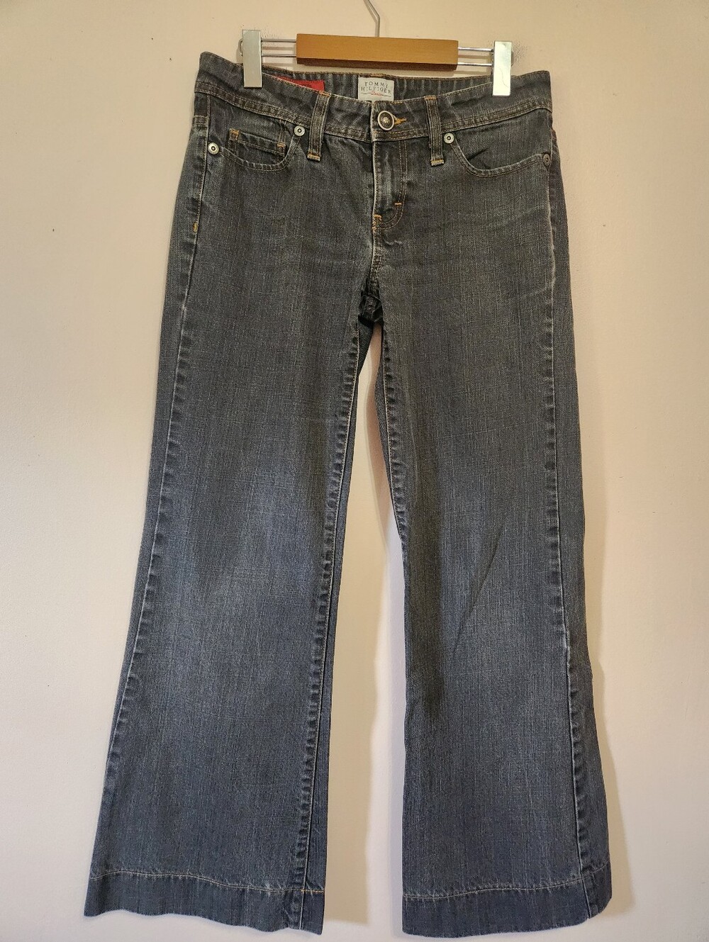 Y2K Tommy Hilfiger Christine Lowrise Double Flare Jeans Embroidered Wash Sz 29